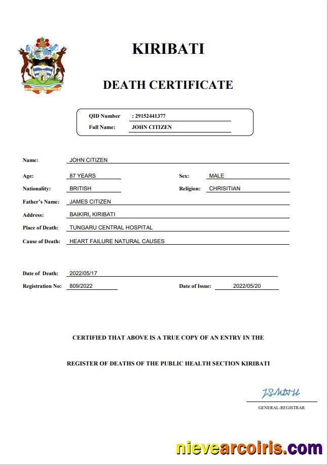 Kiribati vital record death certificate